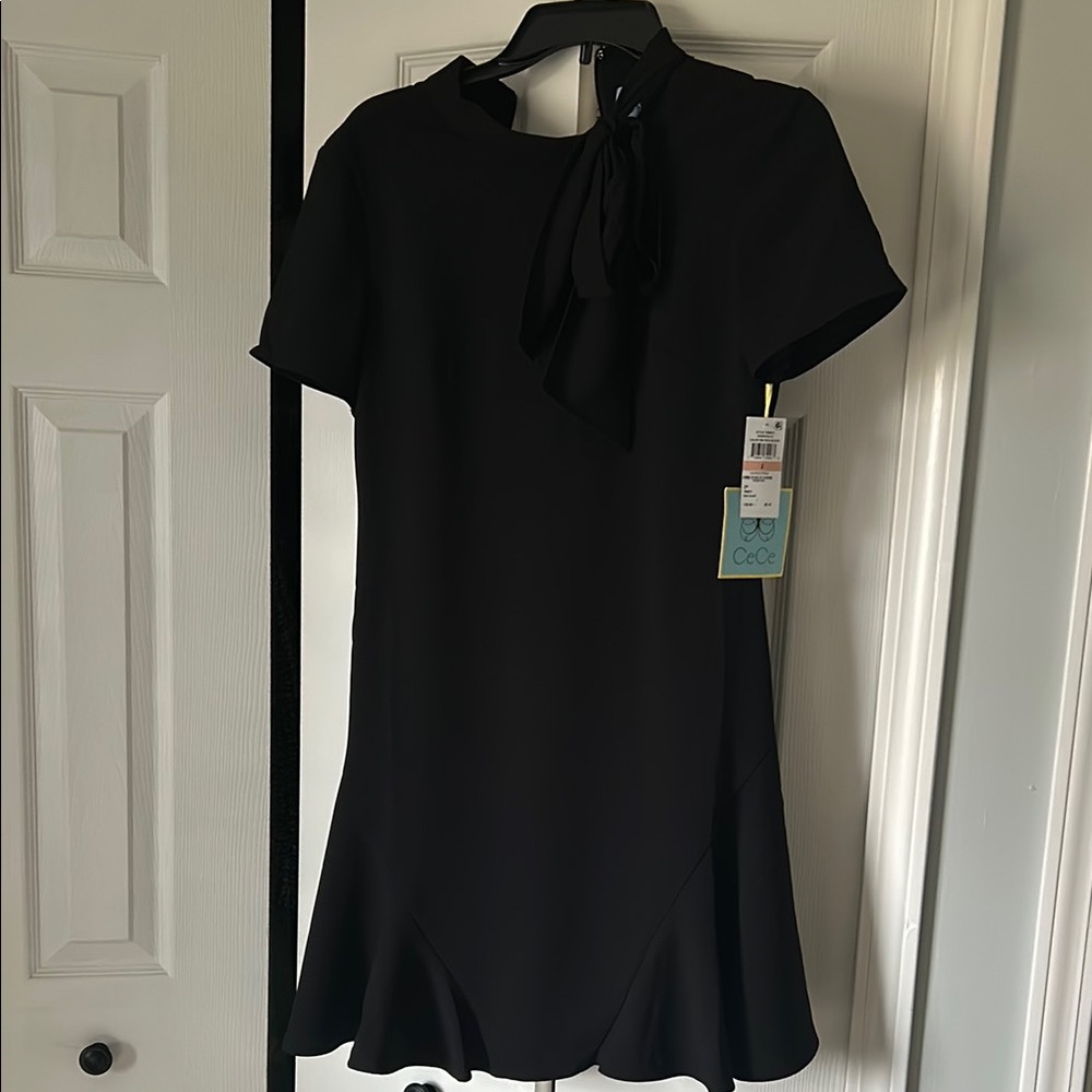 CeCe Elegant Black Dress with Bow Detail